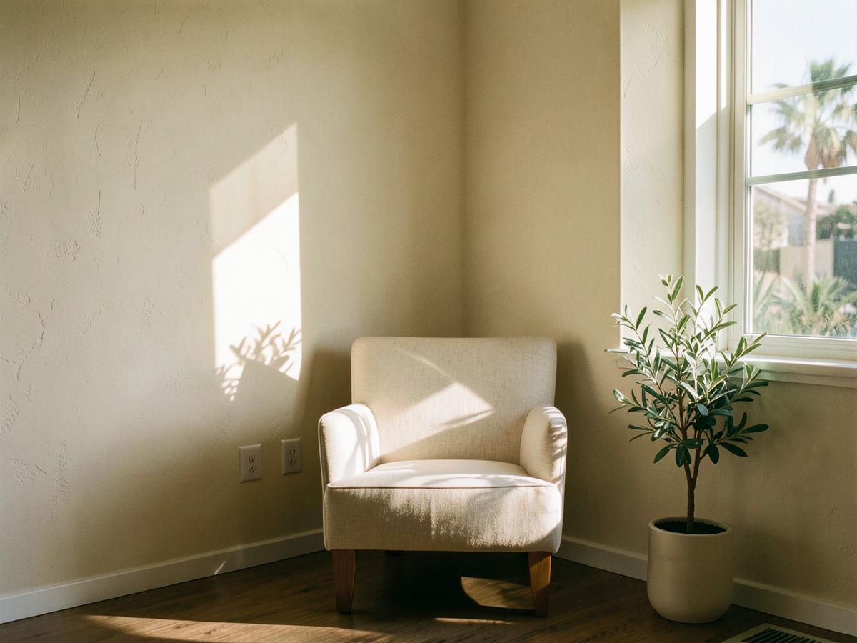 An empty linen chair in a sunlit corner beside a window
